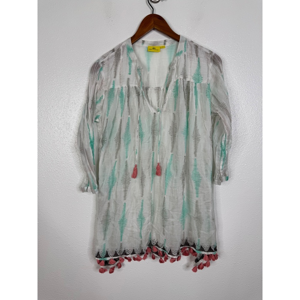 Roberta‎ Roller Rabbit Womens Large Cotton Ikat Tassel Tunic Top Turquoise Pink